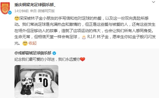 重慶銅梁龍悼念去世小球迷:愿來(lái)生你如金子般閃閃發(fā)光